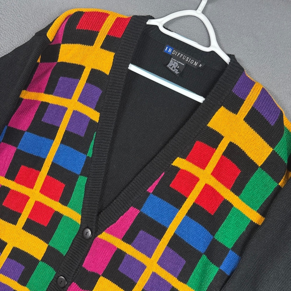 I.B. Diffusion Cardigan Sweater Womens Medium Black Multi Color Block VTG 1992
